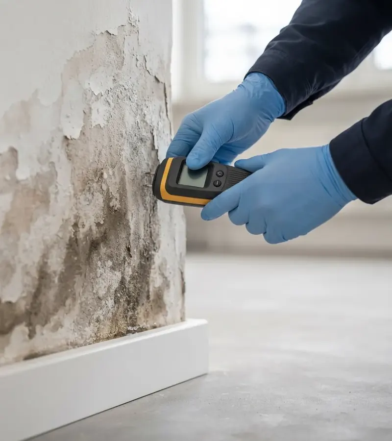 Técnico midiendo la humedad en la parte baja de una pared en Sonseca