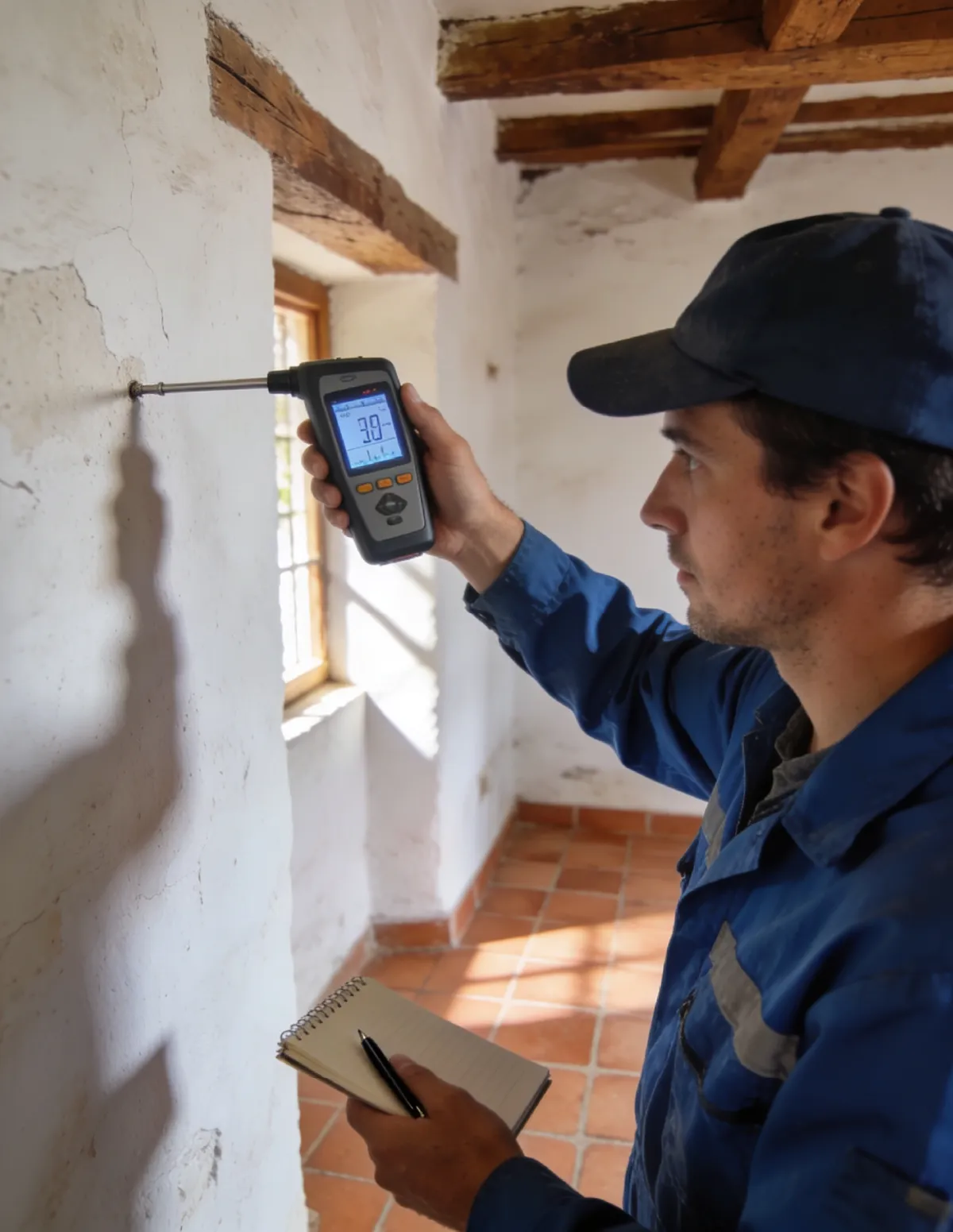Técnico HUMIX midiendo la humedad de un muro antiguo en Sonseca